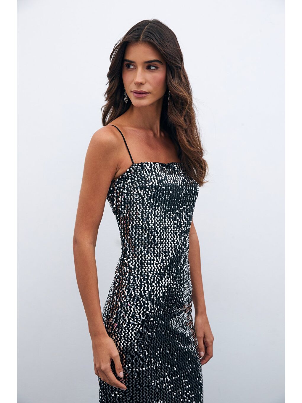 Gri Kadife Payetli Uzun Elbise - Gümüş-3