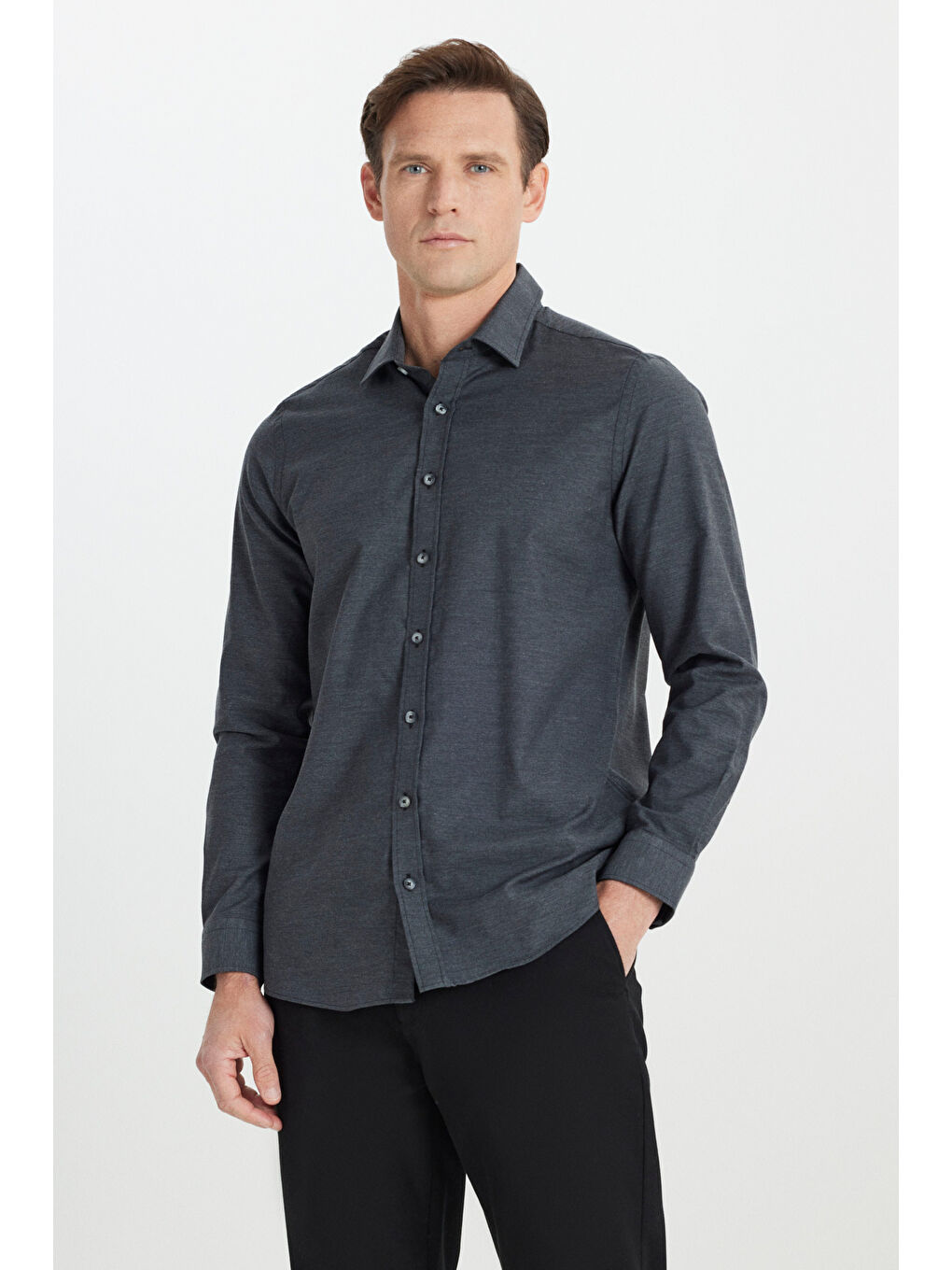Erkek Antrasit Slim Fit Dar Kesim Klasik Yaka Flanel Gömlek-3