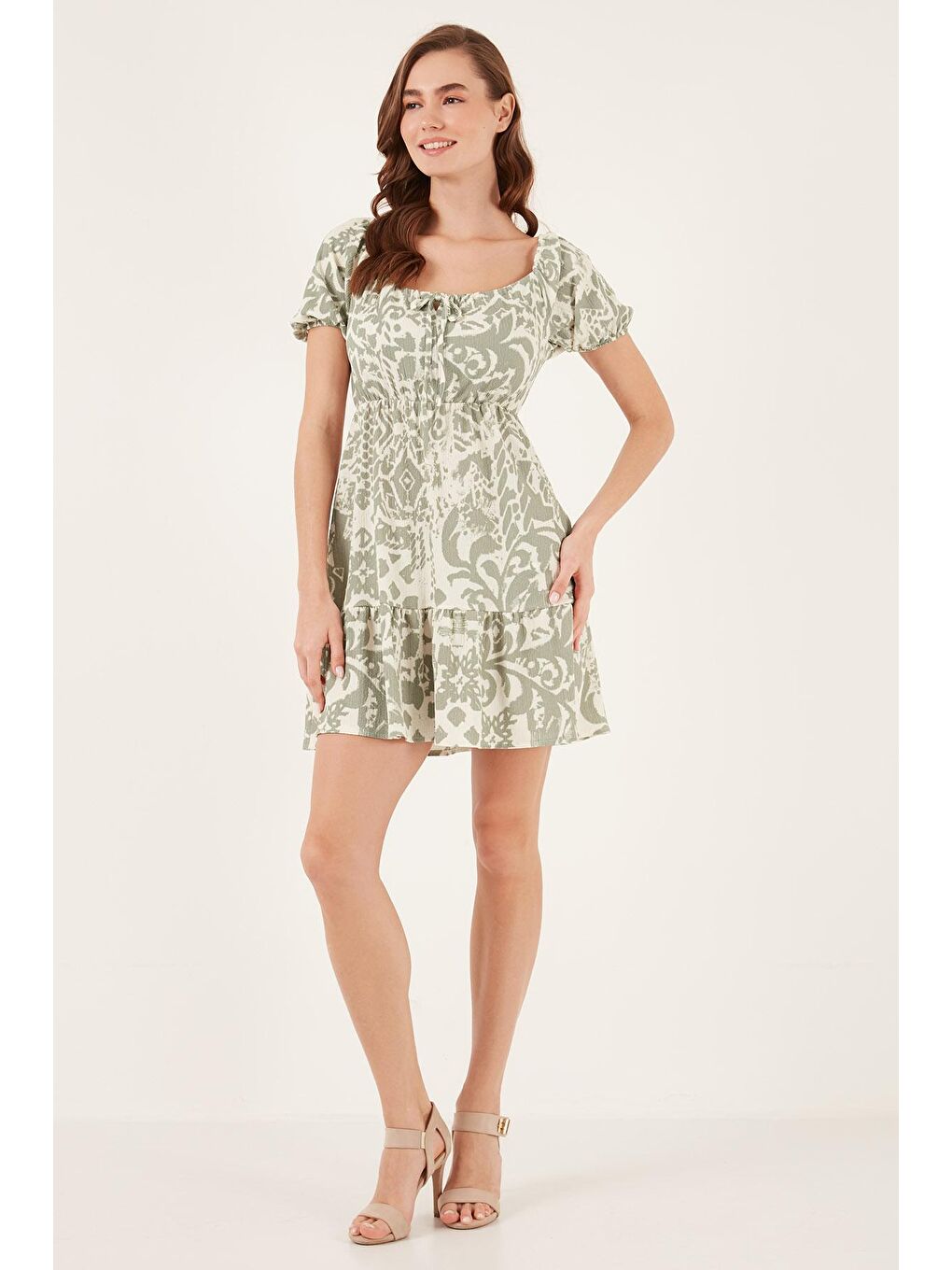 Yeşil Desenli Slim Fit Önden Bağlamalı Mini Elbise 5865728-2