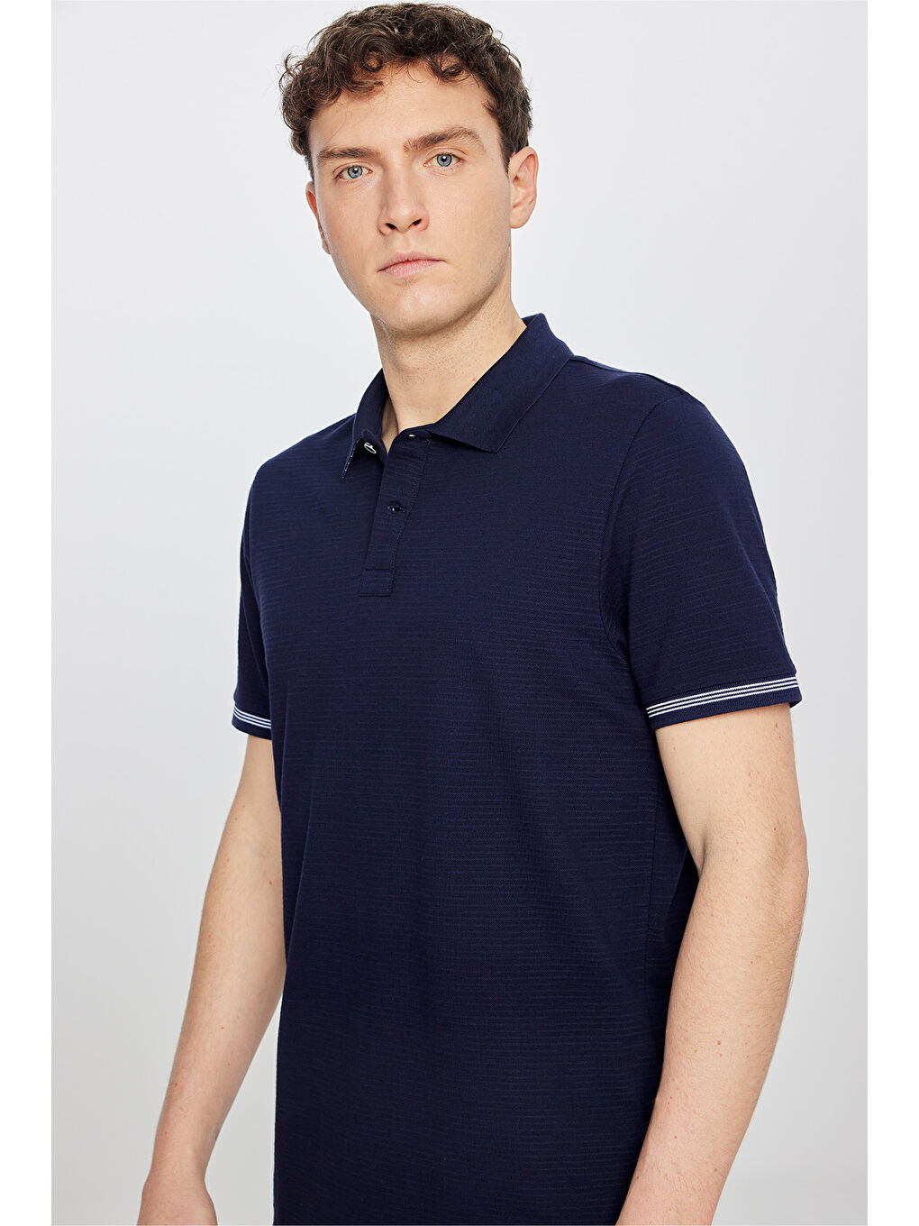 Erkek Lacivert %100 Pamuk Standart Fit Polo Yaka Jakarlı Tişört-3