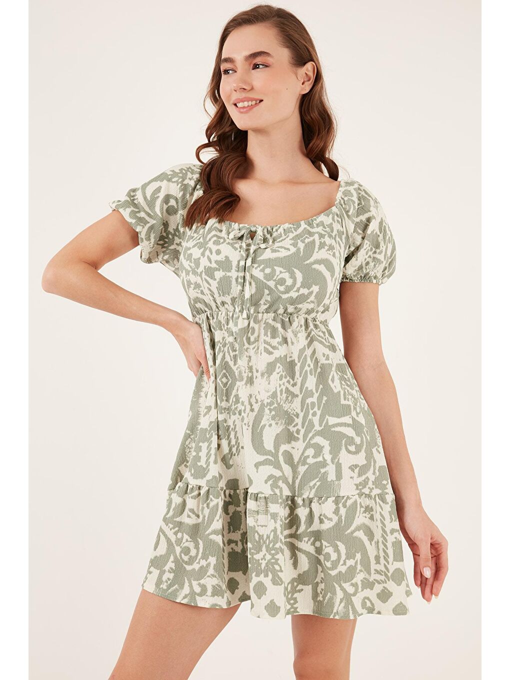 Yeşil Desenli Slim Fit Önden Bağlamalı Mini Elbise 5865728-3