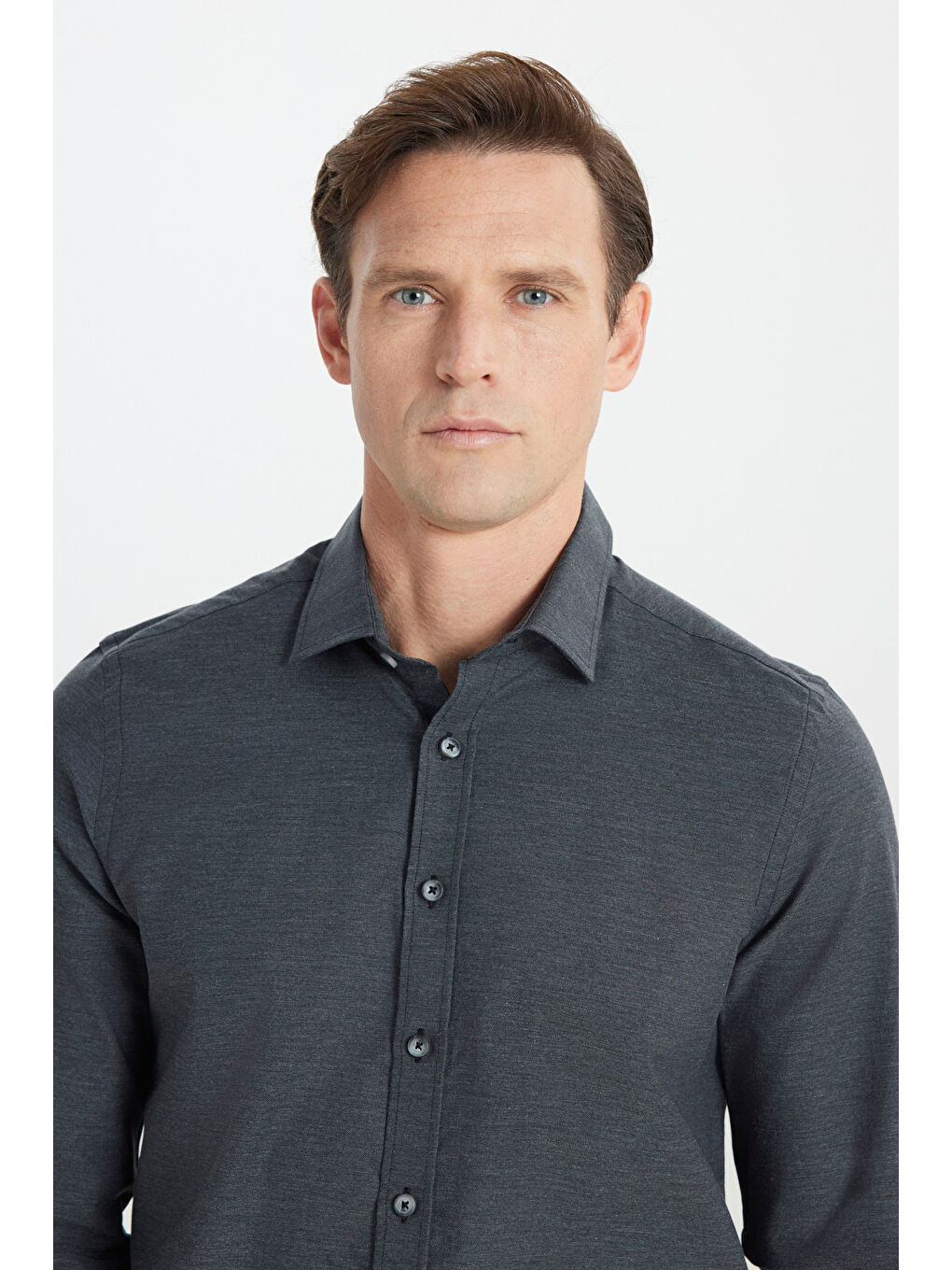 Erkek Antrasit Slim Fit Dar Kesim Klasik Yaka Flanel Gömlek-4