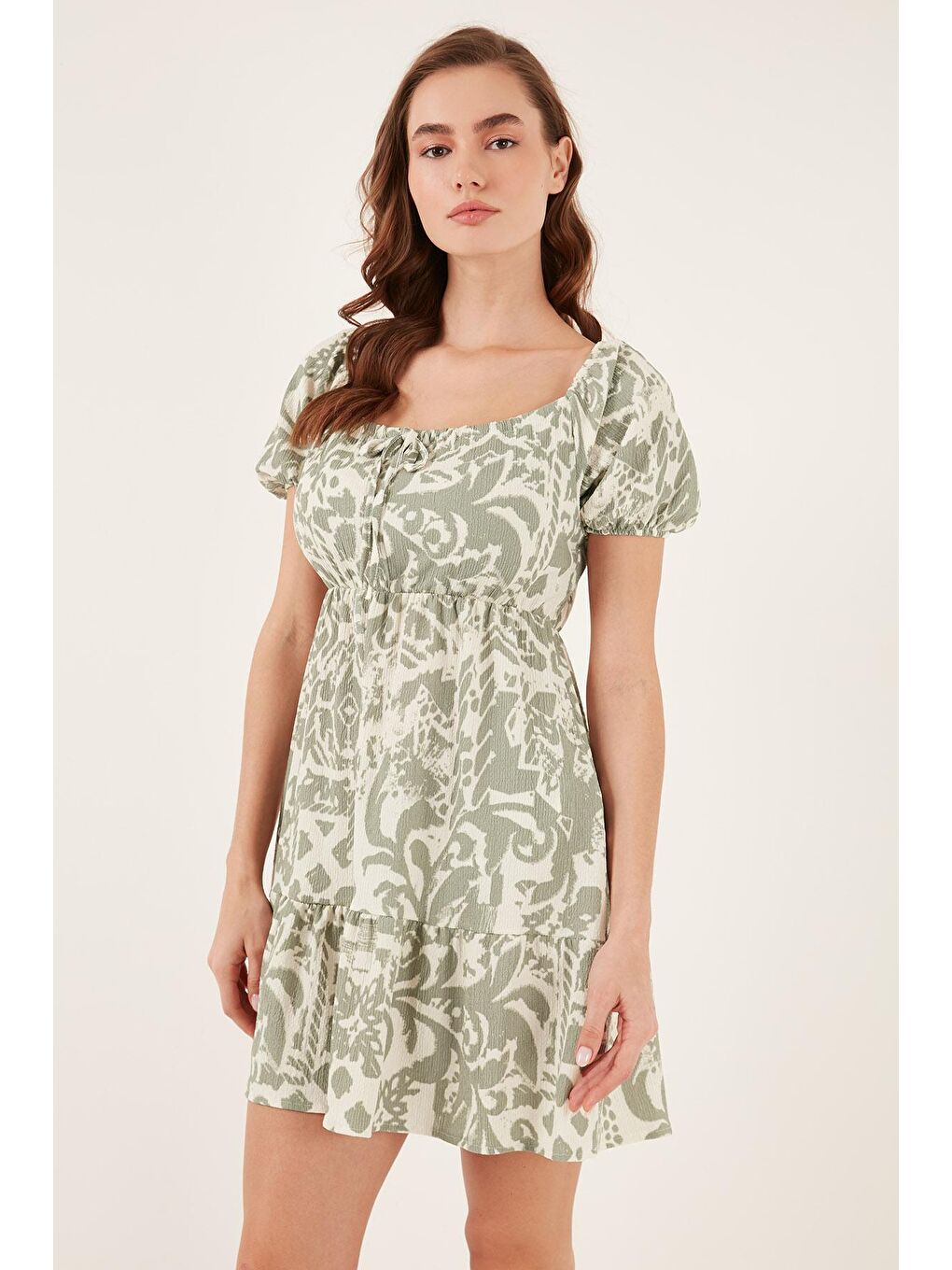 Yeşil Desenli Slim Fit Önden Bağlamalı Mini Elbise 5865728-4