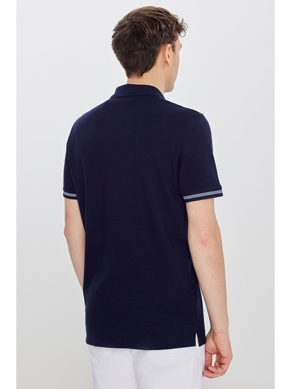 Erkek Lacivert %100 Pamuk Standart Fit Polo Yaka Jakarlı Tişört-4