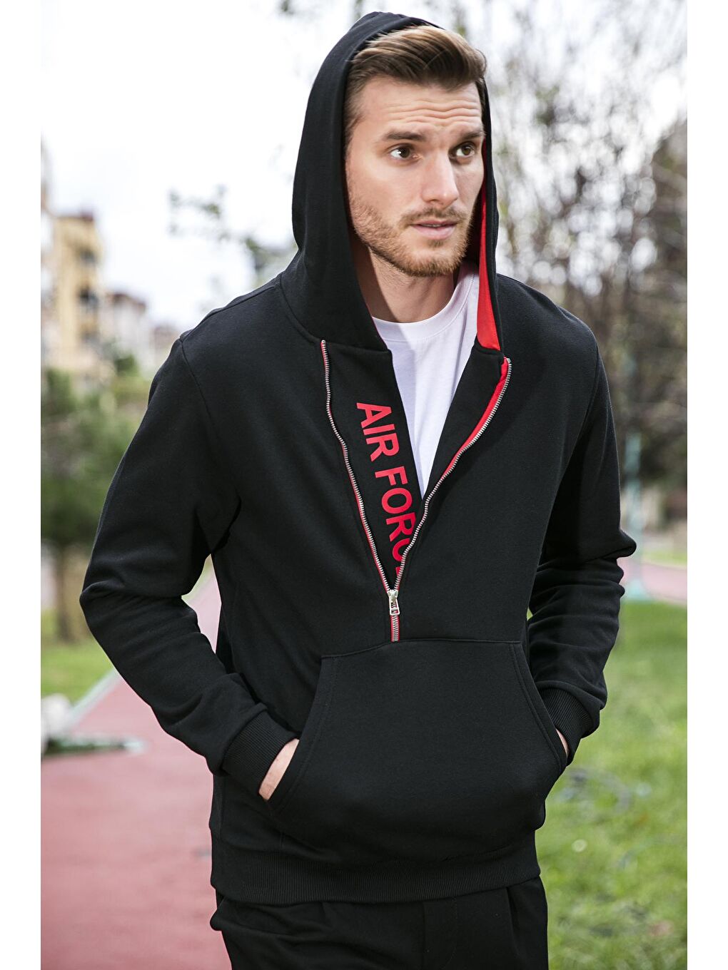 Buratti Siyah-Kırmızı Kanguru Cepli Fermuarlı Kapüşon Yaka Slim Fit Erkek Sweatshirt 575707 - 1