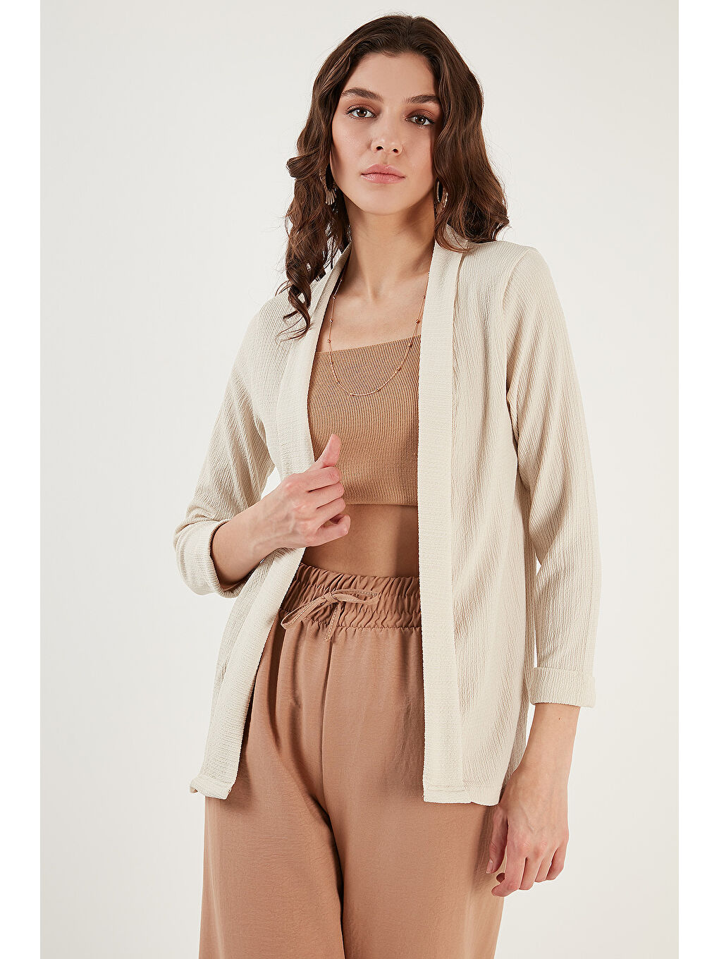 Bej Yakası ve Kolu Katlı Gofre Kimono Kadın Hırka 5869014-2