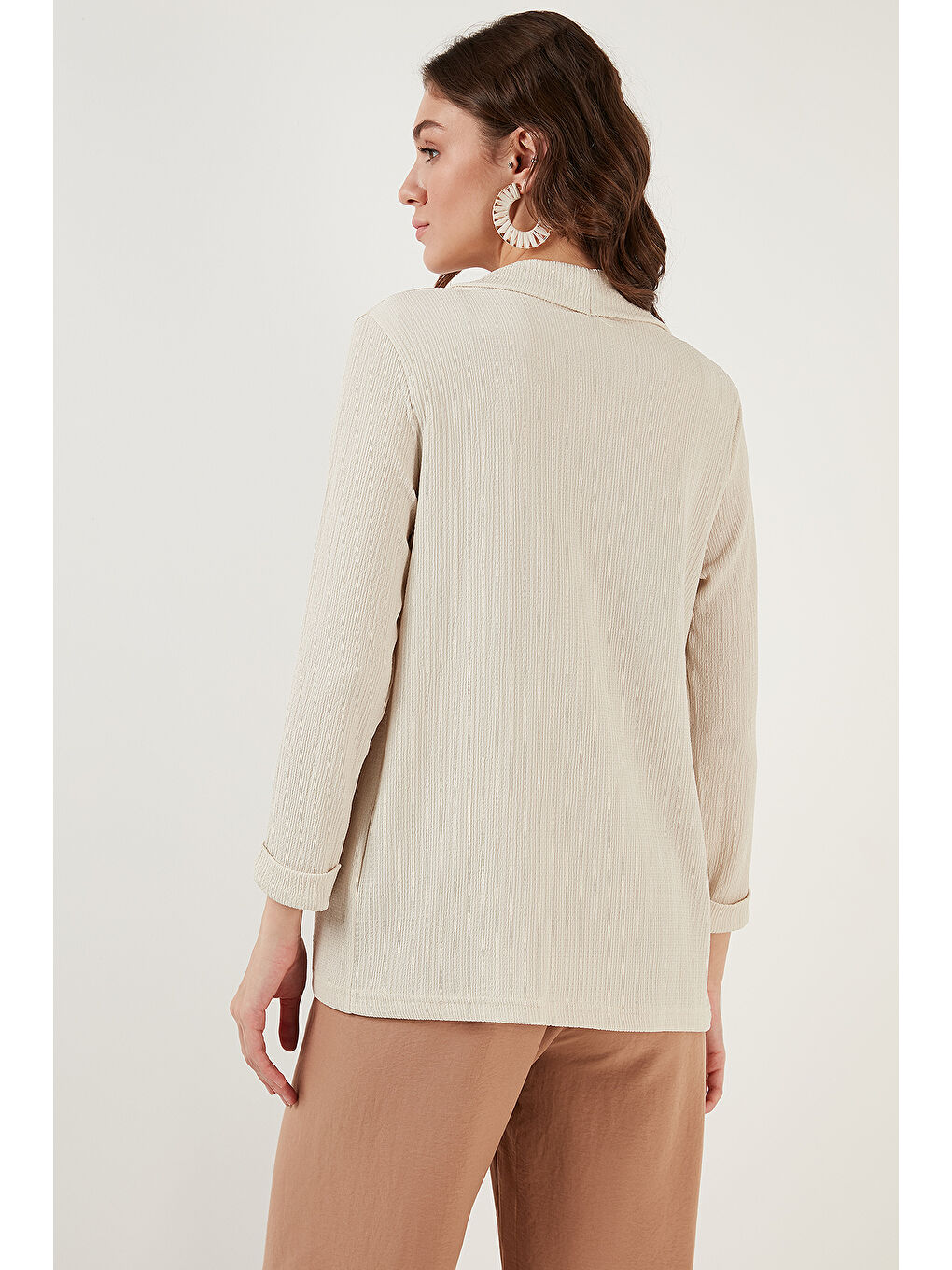 Bej Yakası ve Kolu Katlı Gofre Kimono Kadın Hırka 5869014-5