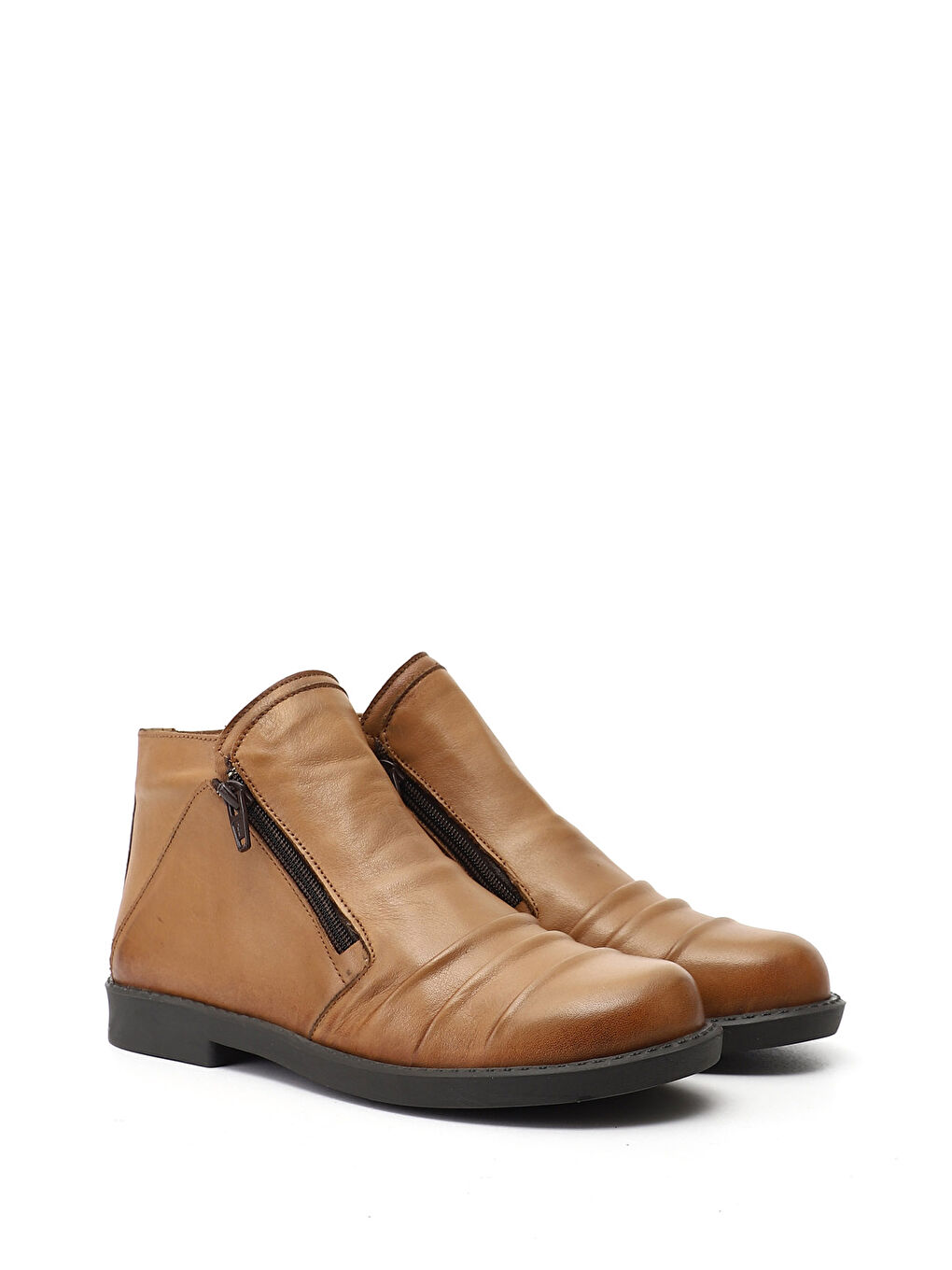 Kahverengi Kadın KAHVERENGİ-TABA Çift Fermuarlı Kauçuk Taban Hakiki Deri Bot-1