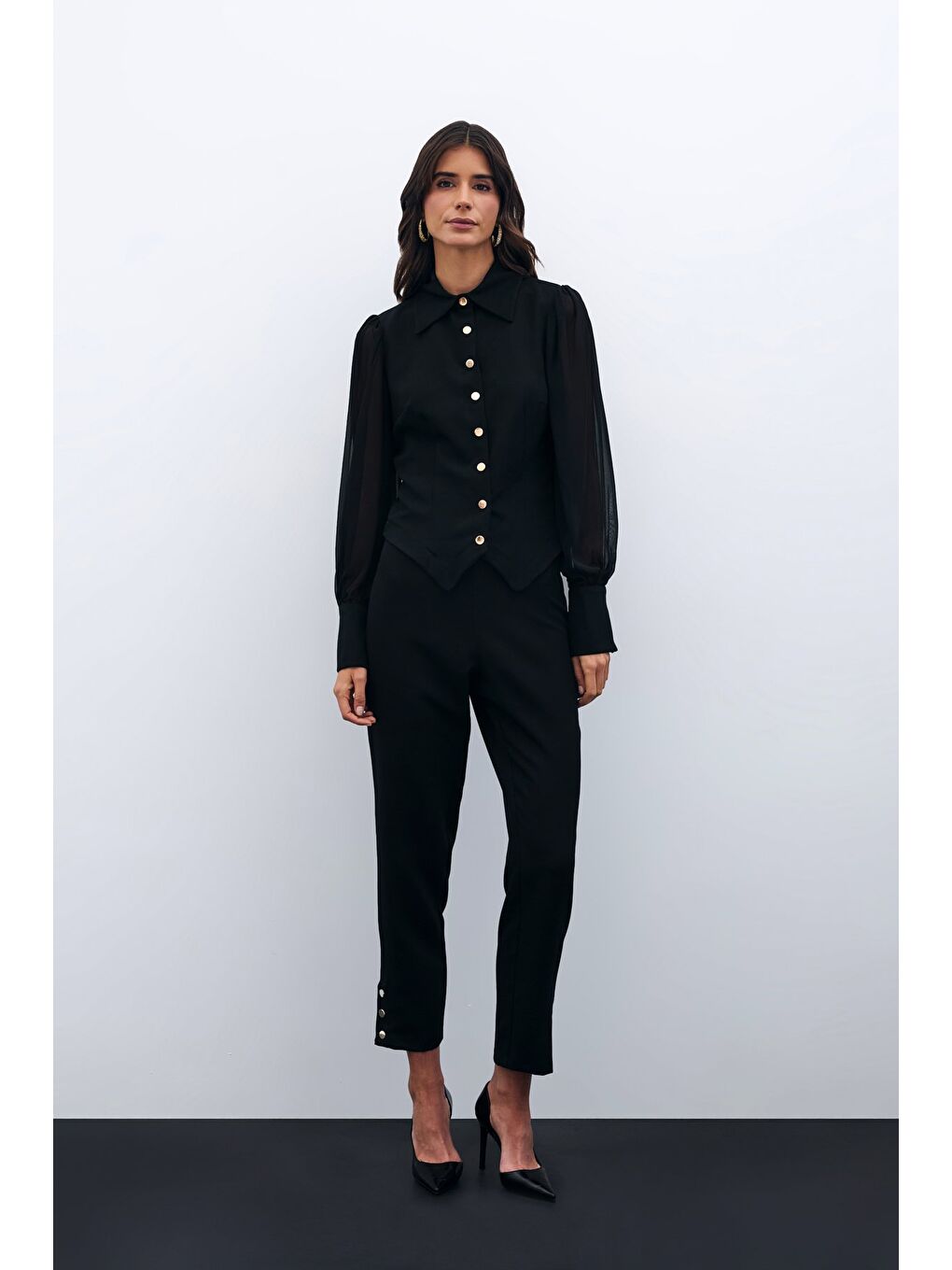 Paça Çıtçıt Detaylı Pantolon - Siyah-1