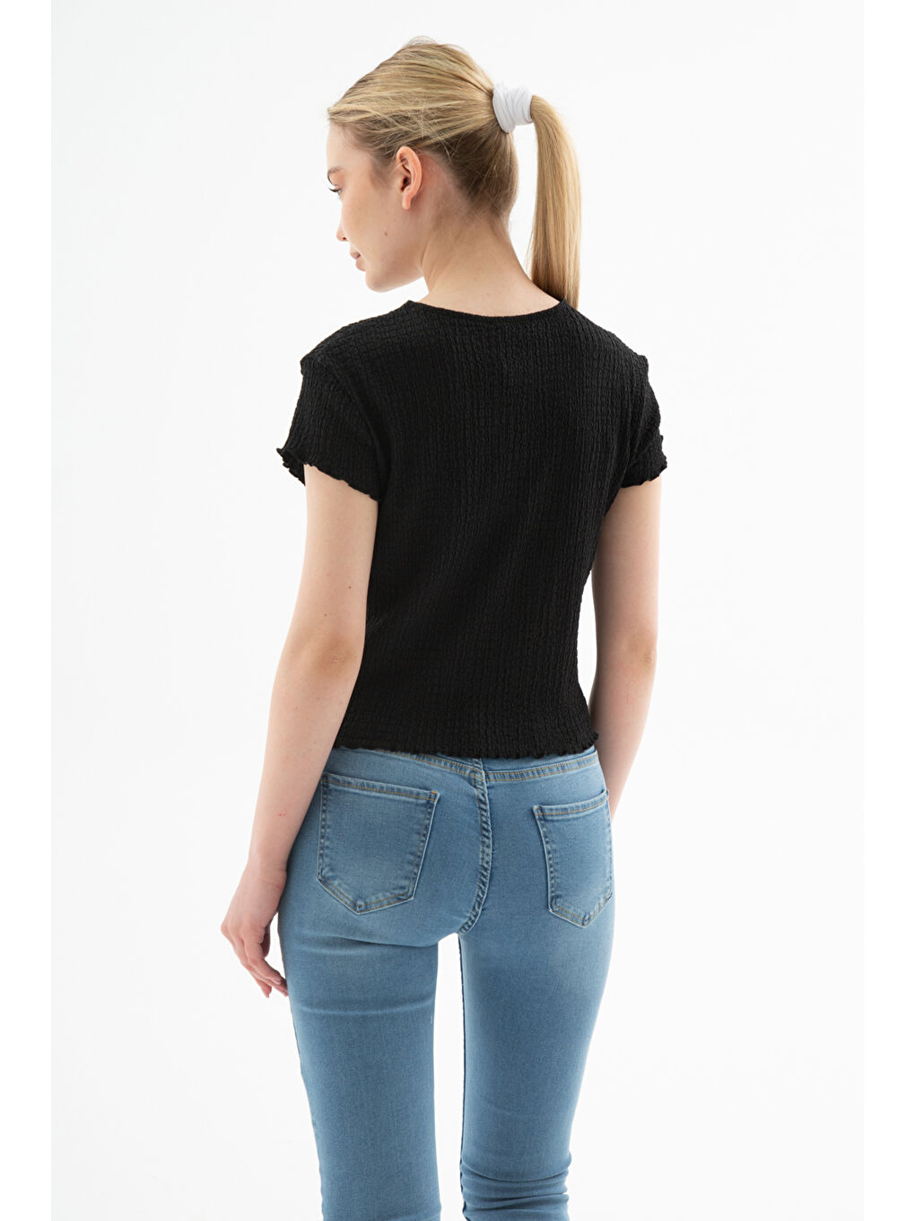 Siyah Slim Fit Dokulu Bisiklet Yaka Bluz 25Y0234K1-4