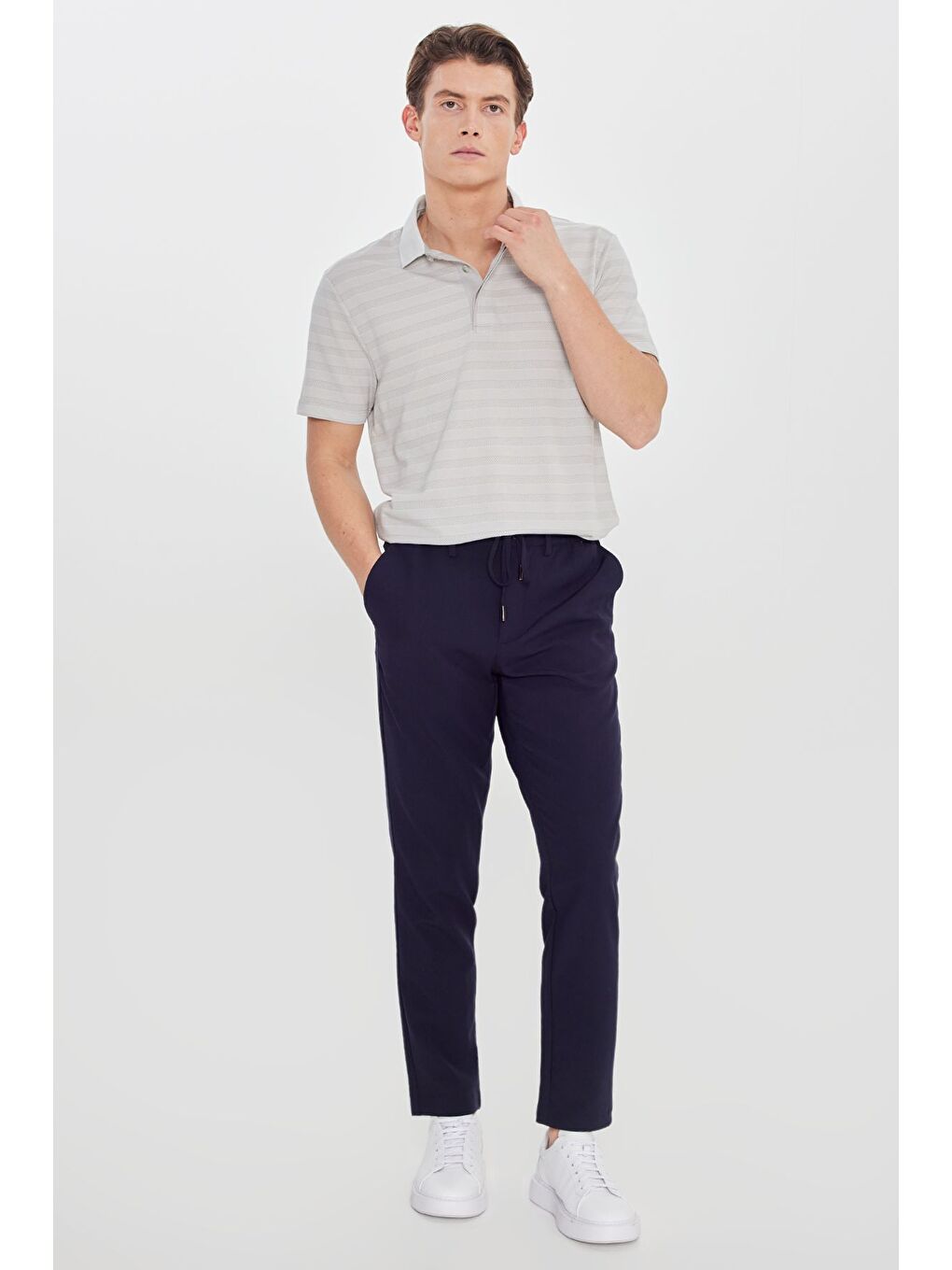 Erkek Lacivert Slim Fit Dar Kesim Beli Bağlamalı Yan Cepli Casual Pantolon-2