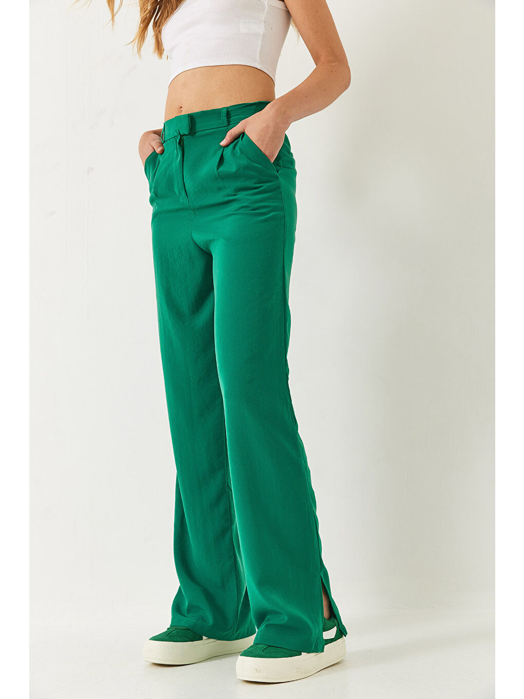 Yeşil Kadın Yırtmaç Detay Geniş Paça Cepli Palazzo Pantolon-4