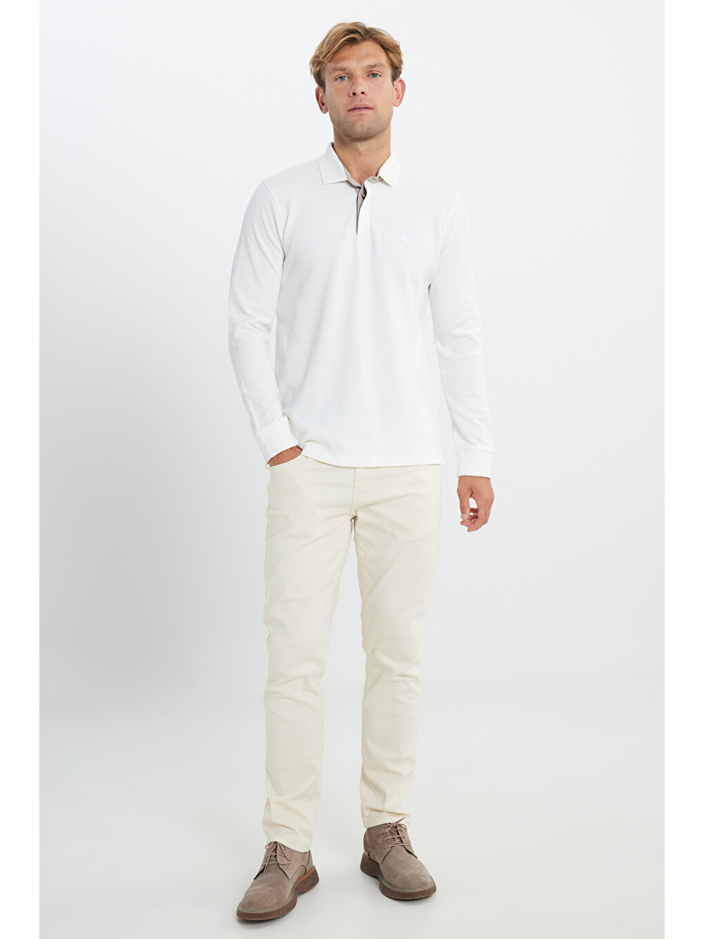 Erkek Beyaz %100 Pamuk Slim Fit Dar Kesim Polo Yaka Uzun Kollu Tişört-1