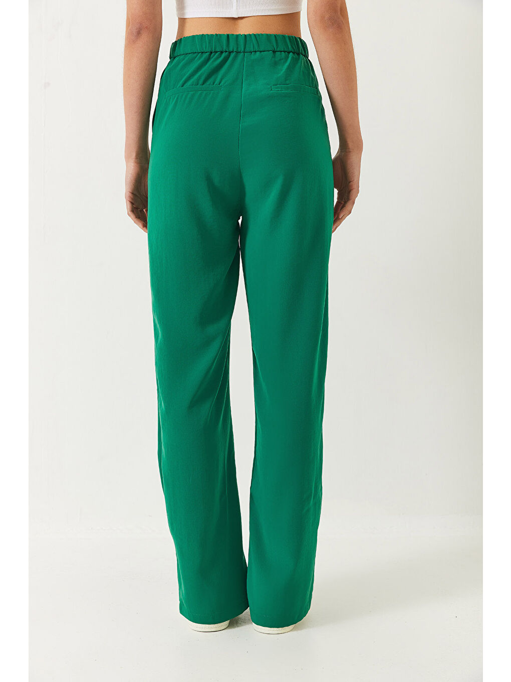 Yeşil Kadın Yırtmaç Detay Geniş Paça Cepli Palazzo Pantolon-7