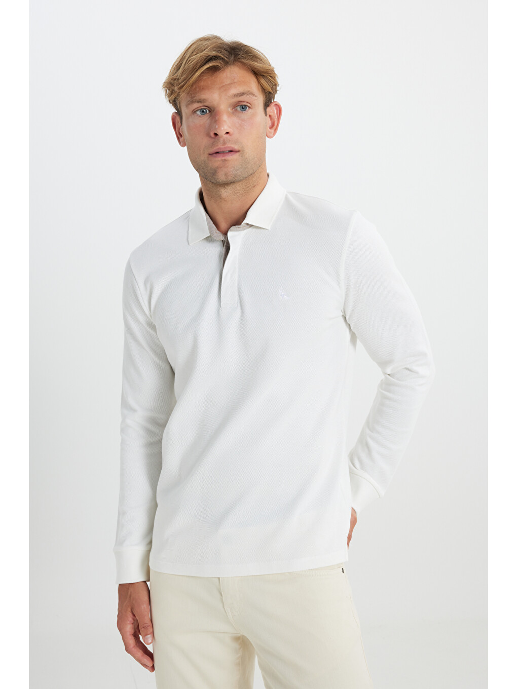 Erkek Beyaz %100 Pamuk Slim Fit Dar Kesim Polo Yaka Uzun Kollu Tişört-3