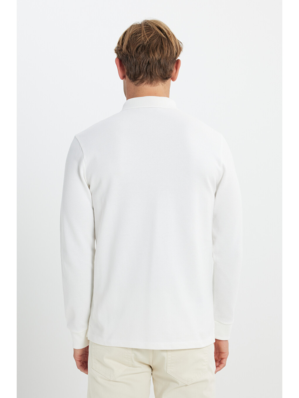 Erkek Beyaz %100 Pamuk Slim Fit Dar Kesim Polo Yaka Uzun Kollu Tişört-5