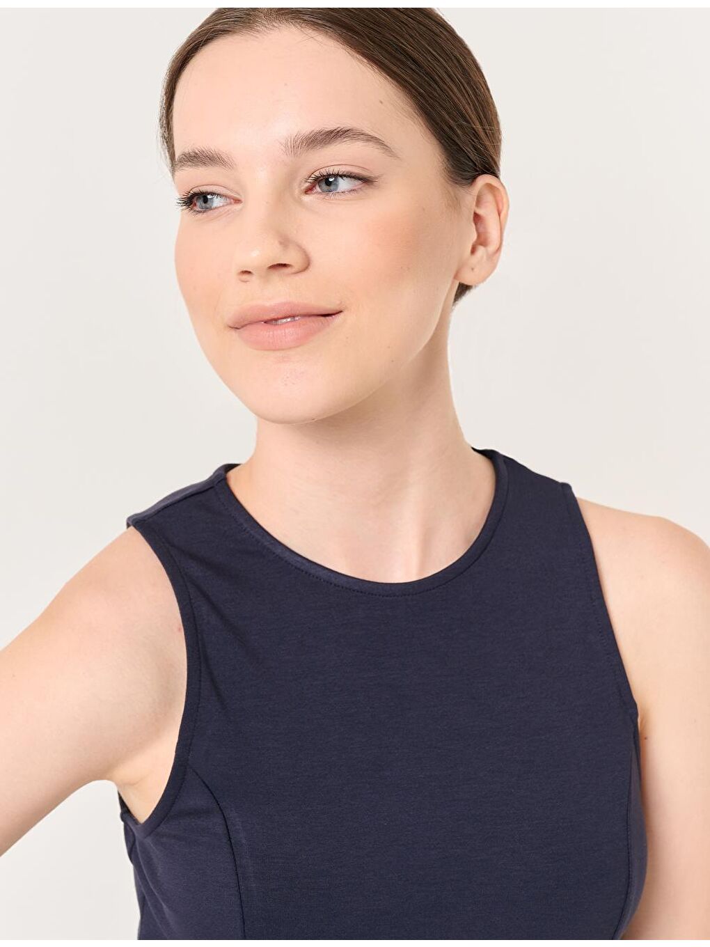 Lacivert Bisiklet Yaka Kolsuz Mini Elbise-1