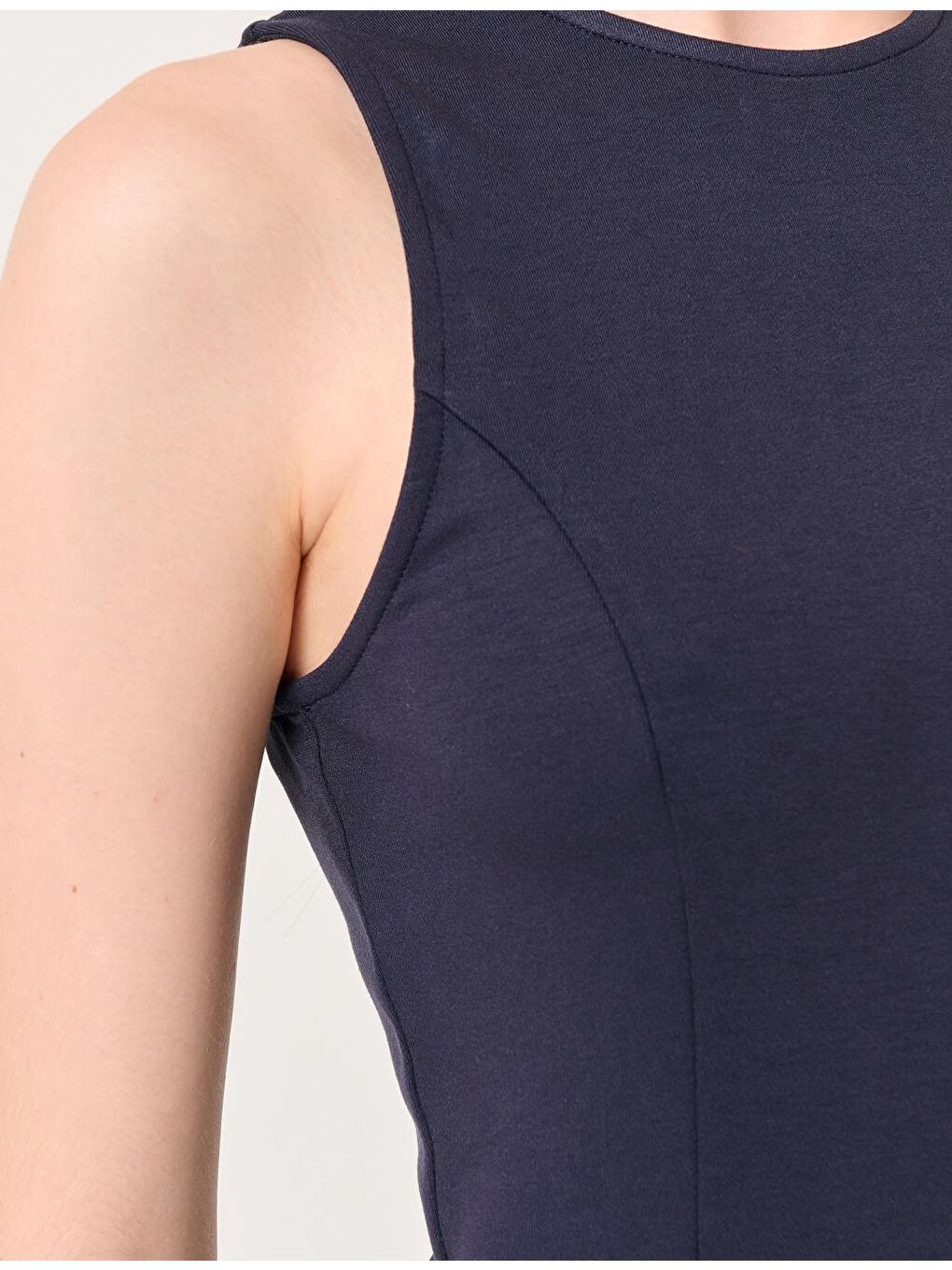 Lacivert Bisiklet Yaka Kolsuz Mini Elbise-2