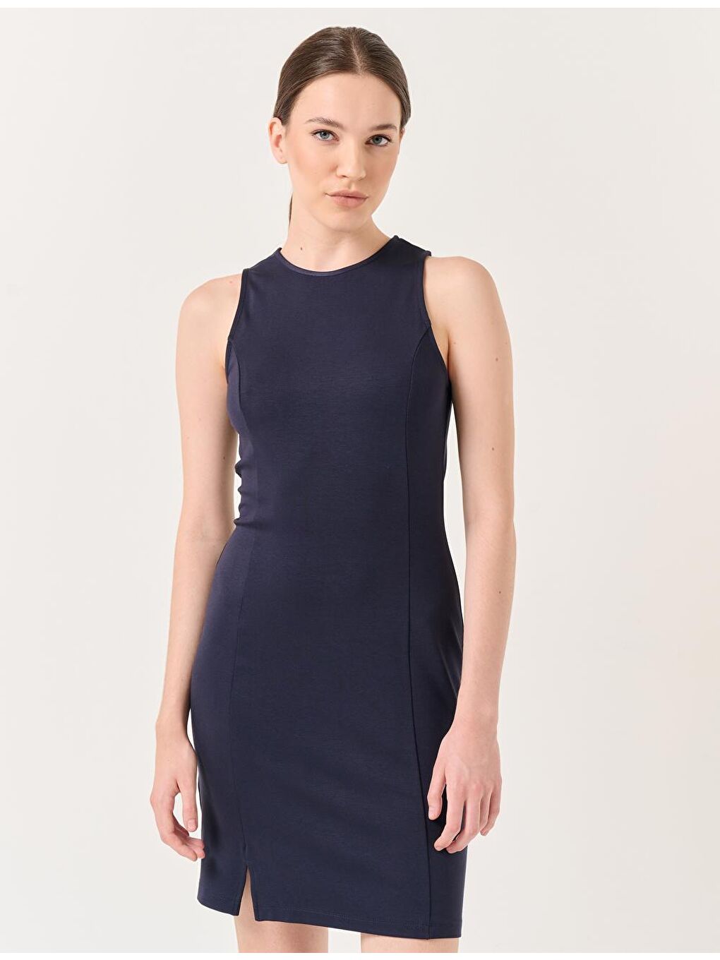 Lacivert Bisiklet Yaka Kolsuz Mini Elbise-3