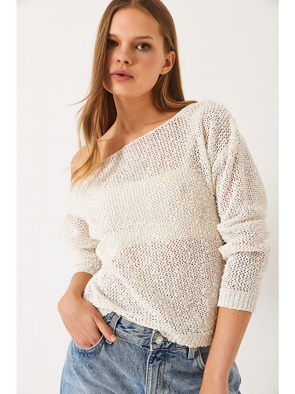 Ekru Kadın Kayık Yaka File Detay Ajurlu Triko Bluz-1