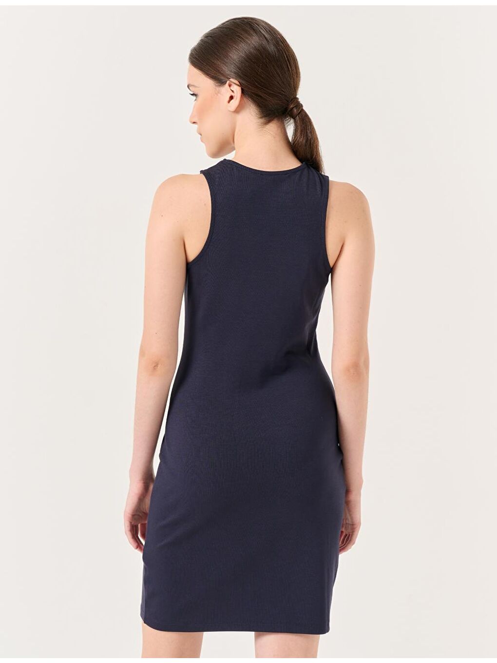 Lacivert Bisiklet Yaka Kolsuz Mini Elbise-5