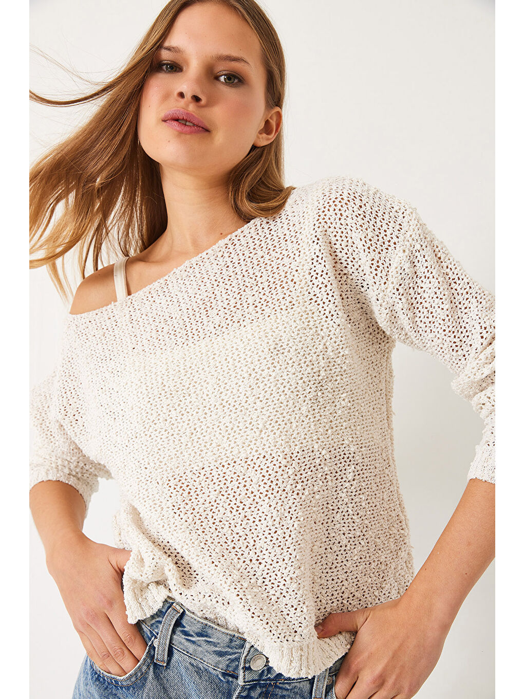 Ekru Kadın Kayık Yaka File Detay Ajurlu Triko Bluz-3