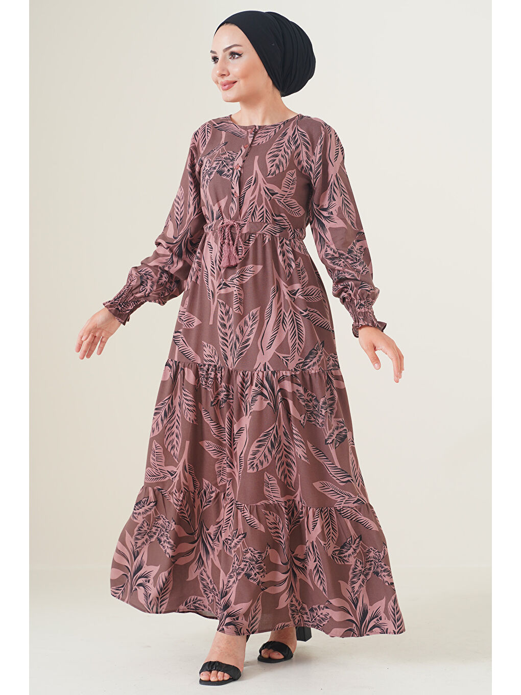 2145 Desenli Tesettür Elbise - Kahverengi-1