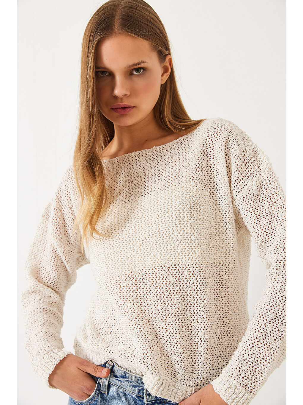 Ekru Kadın Kayık Yaka File Detay Ajurlu Triko Bluz-4