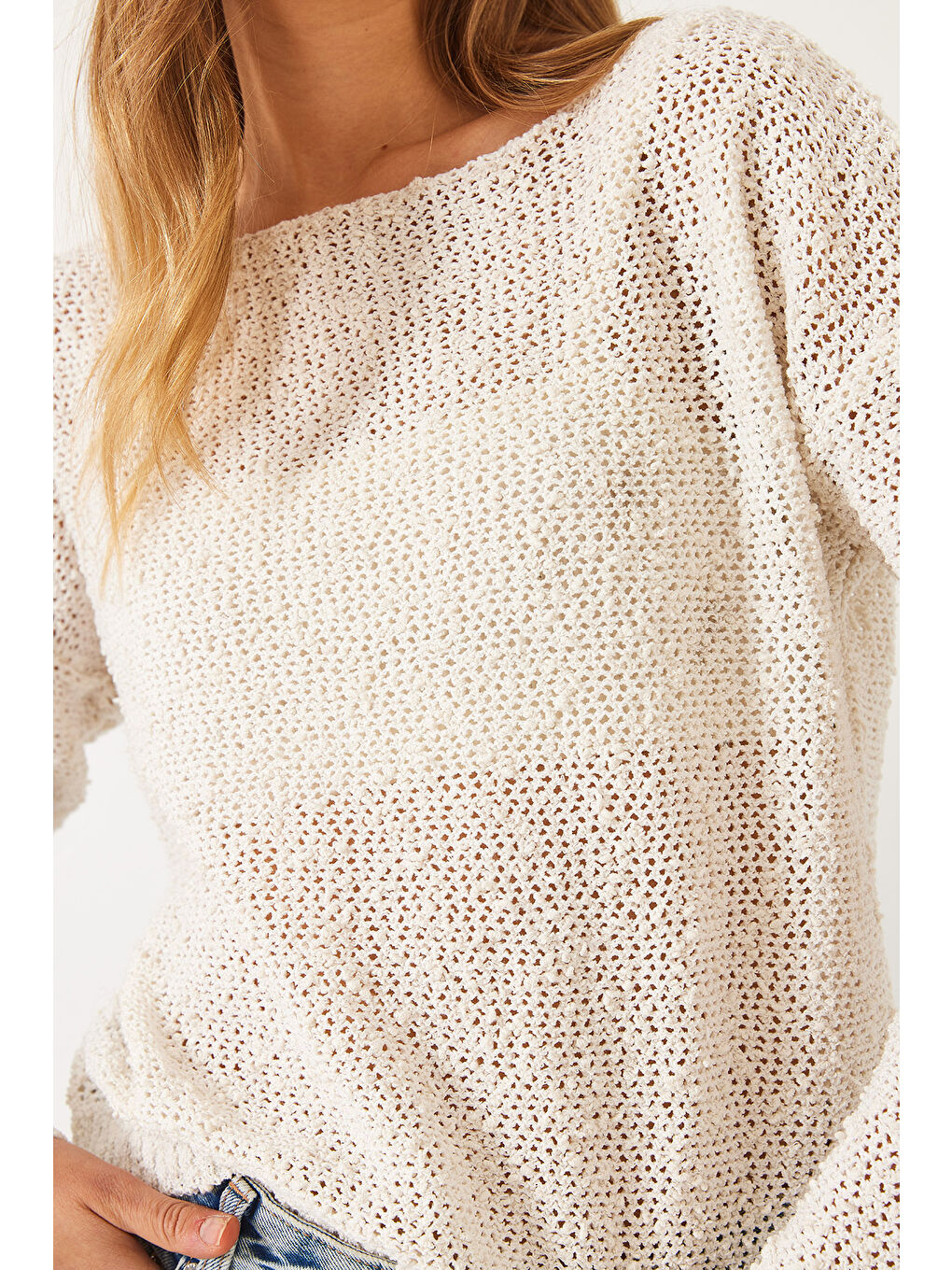 Ekru Kadın Kayık Yaka File Detay Ajurlu Triko Bluz-5