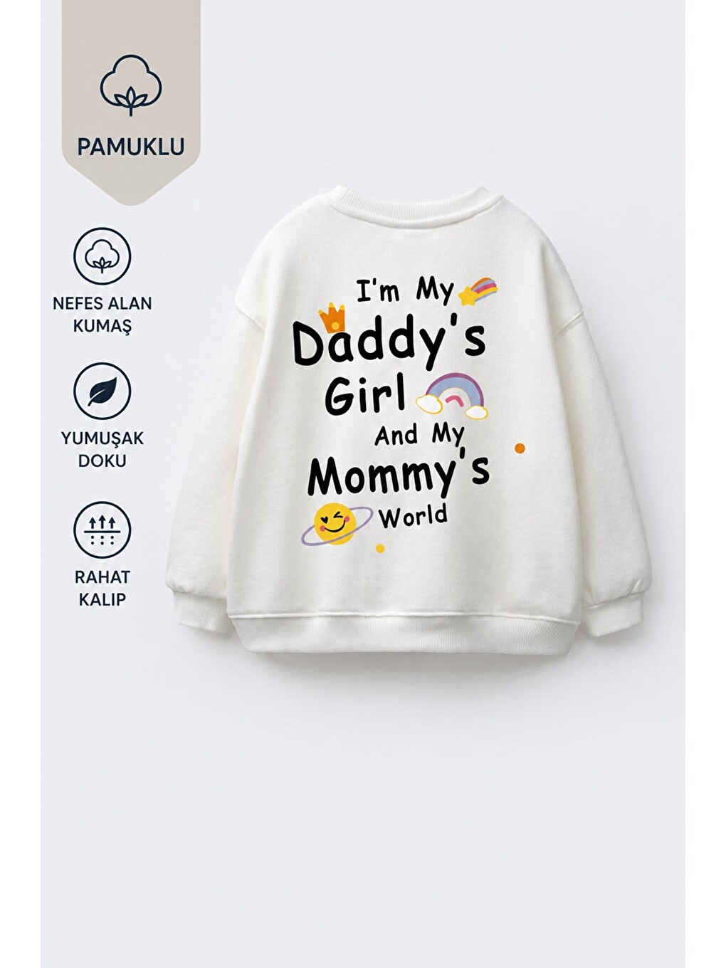 Ekru Kız Çocuk 3 İplik Kumaş Pamuklu Sırt Baskılı Sweatshirt-1