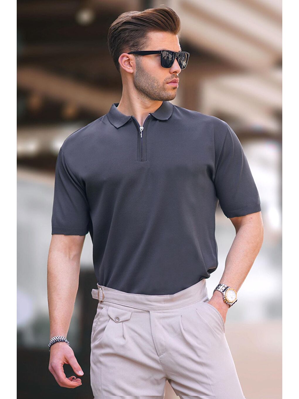 Antrasit Fermuar Detaylı Polo Yaka Triko Tişört 6885