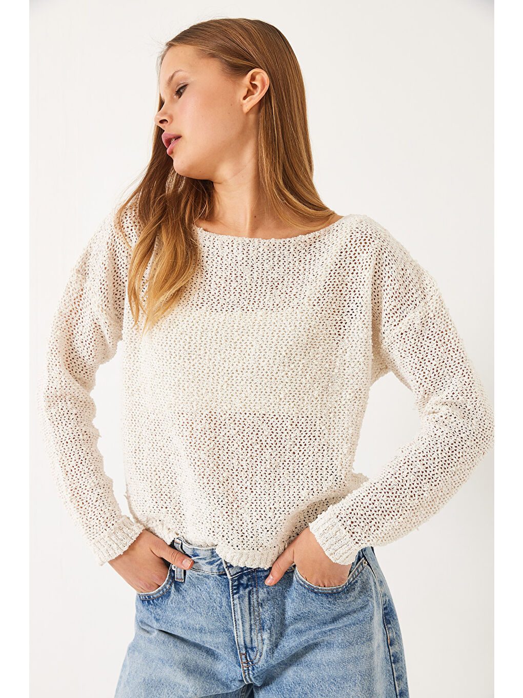Ekru Kadın Kayık Yaka File Detay Ajurlu Triko Bluz-6