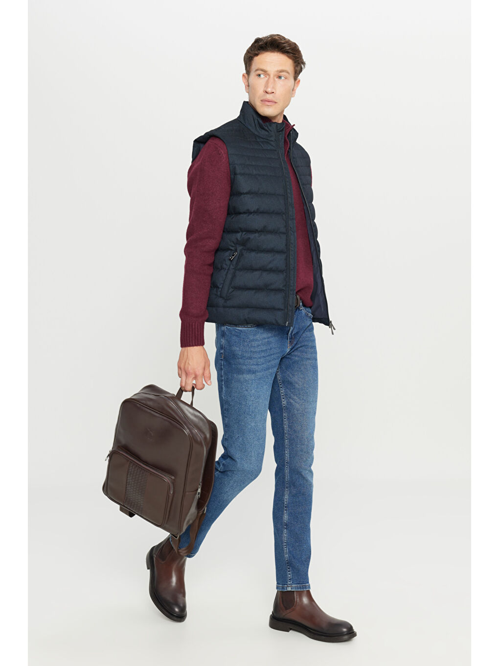 Erkek Lacivert Standart Fit Normal Kesim Dik Yaka Yan Cepli Çizgili Casual Yelek-1