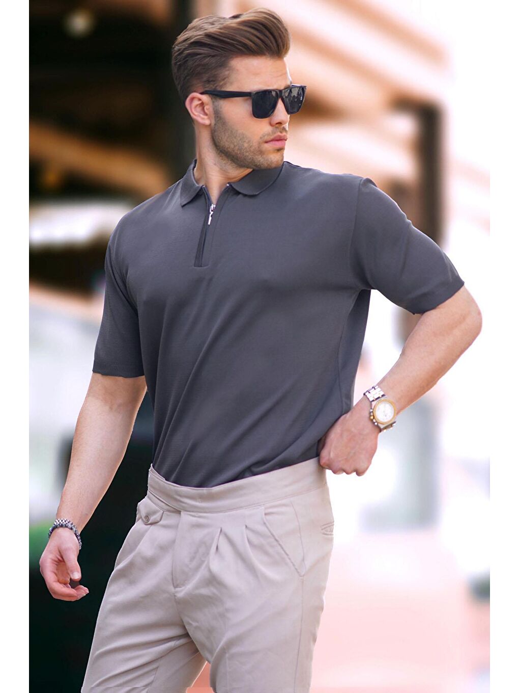 Antrasit Fermuar Detaylı Polo Yaka Triko Tişört 6885-1
