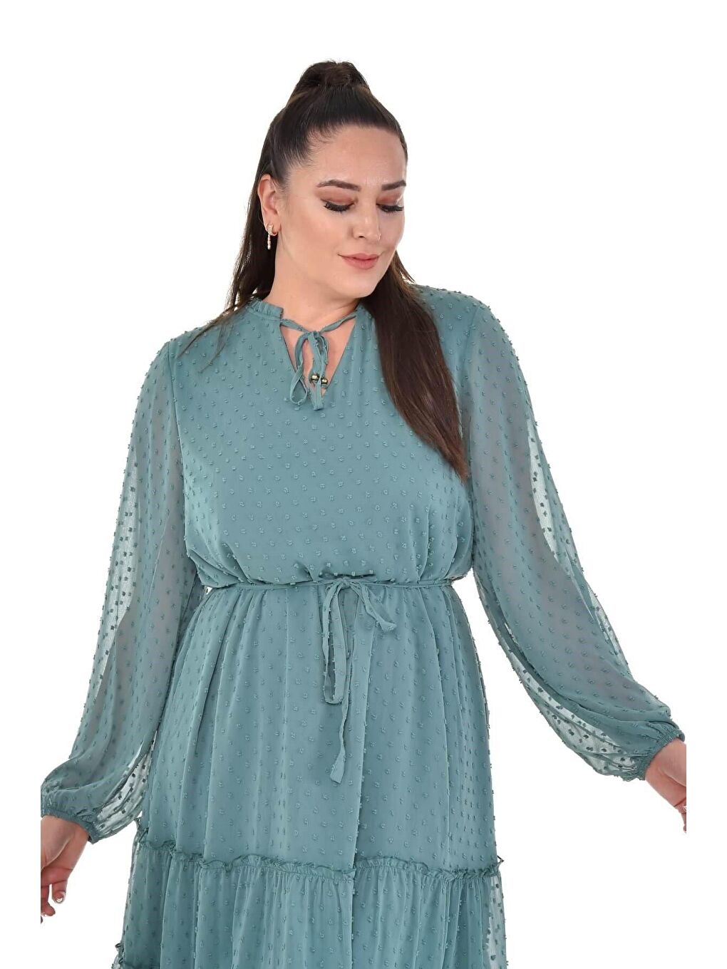 Mylinemoda Yeşil Bağcıklı Eteği Fırfırlı Elbise - 4