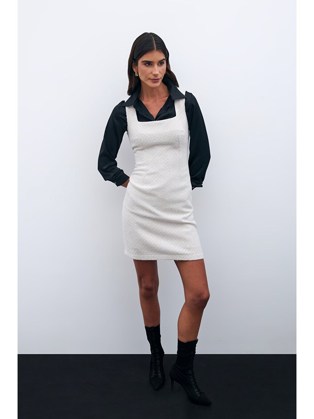 Bej Mini Tüvit Elbise - Taş-4