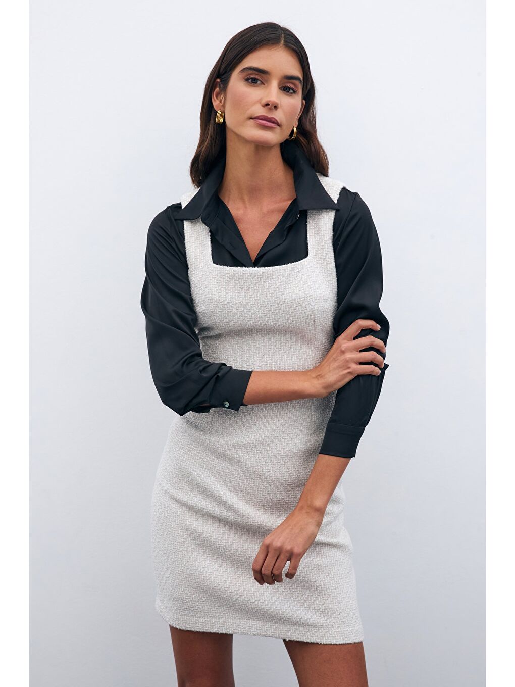 Bej Mini Tüvit Elbise - Taş-6