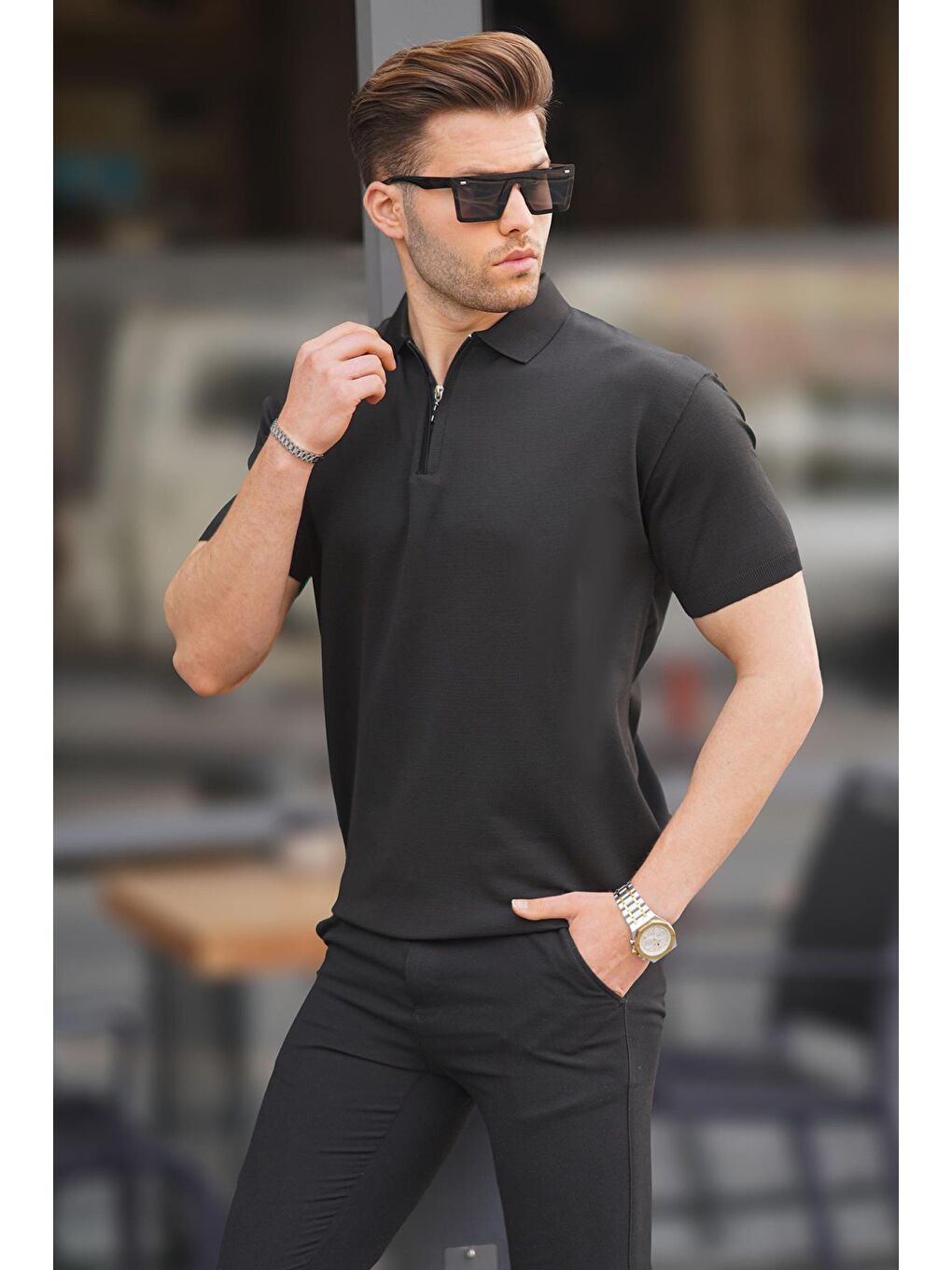 Siyah Fermuar Detaylı Polo Yaka Triko Tişört 6885-1