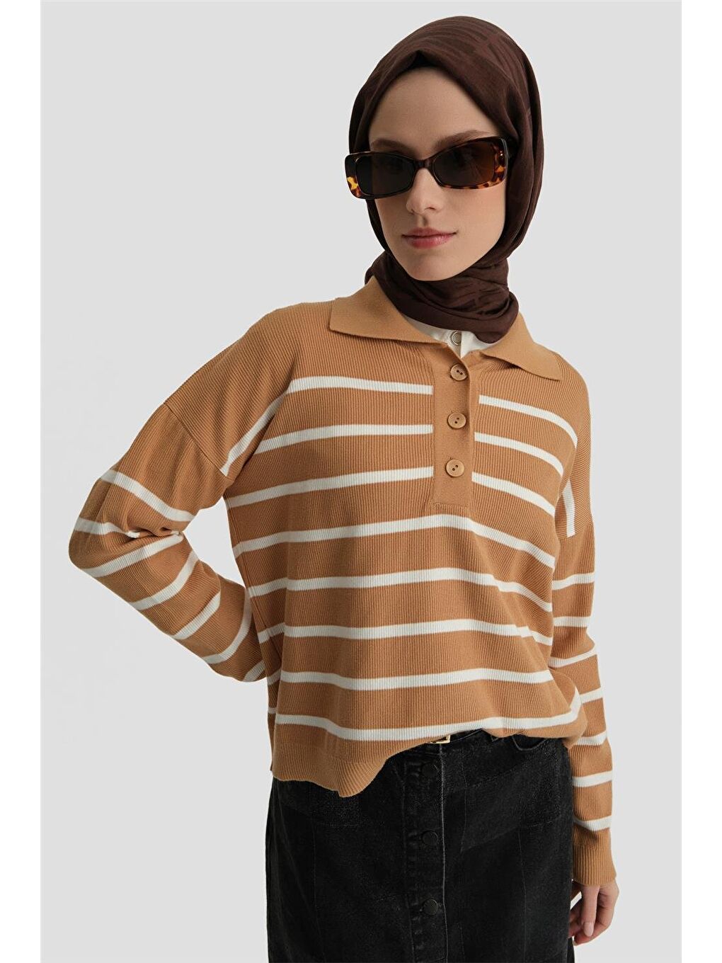 Kahverengi Çizgili Triko Kazak 24Kd4208 Camel-2