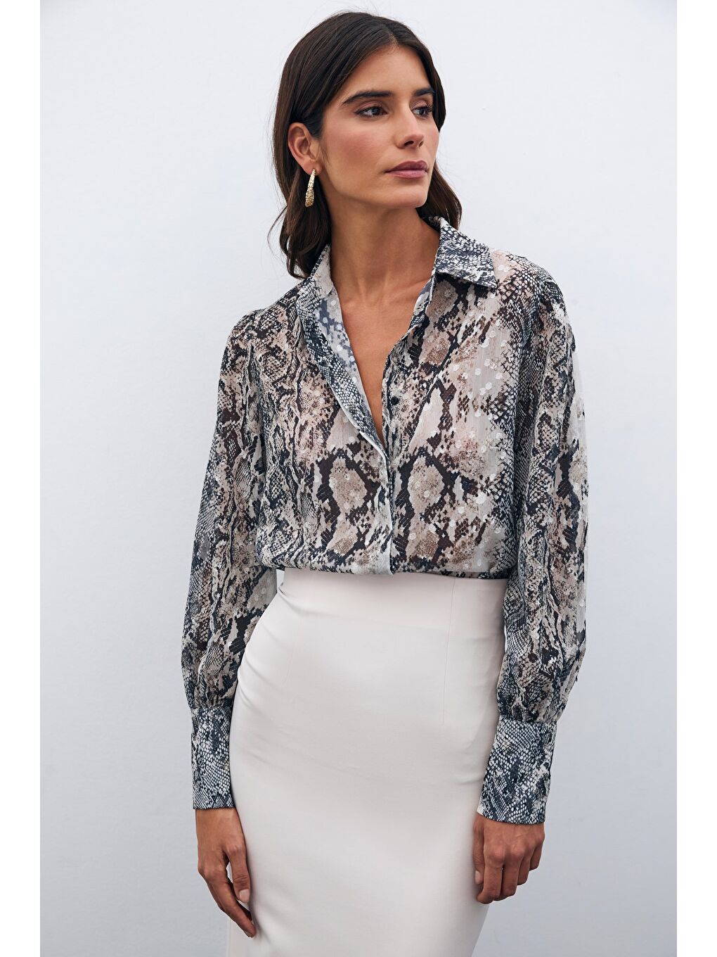 Desenli Salaş Gömlek - Bej-4