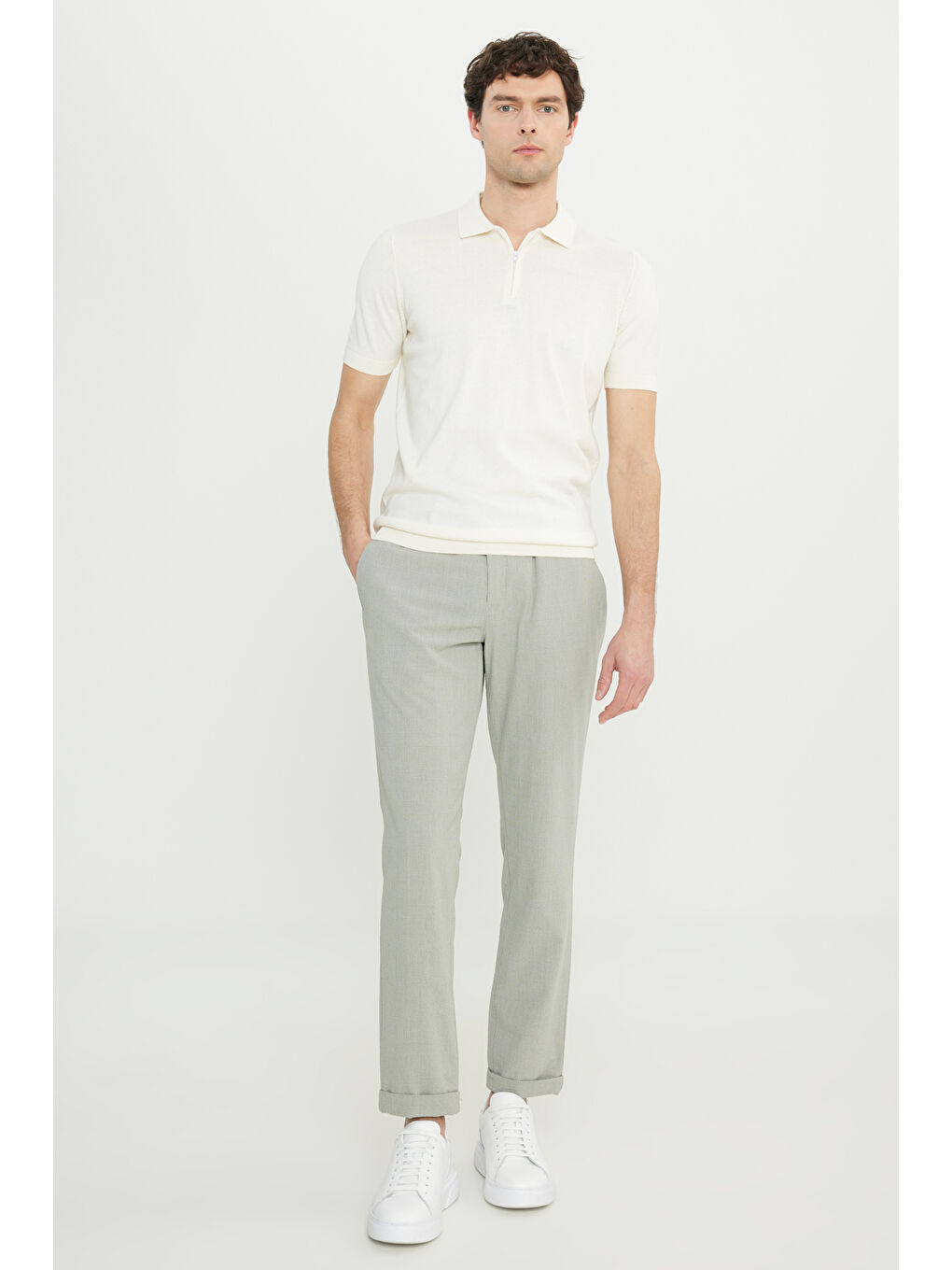 Erkek Ekru %100 Pamuk Standart Fit Normal Kesim Polo Yaka Triko Tişört-1