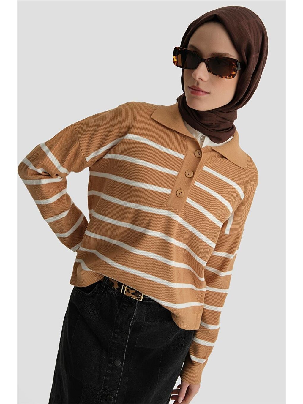 Kahverengi Çizgili Triko Kazak 24Kd4208 Camel-3