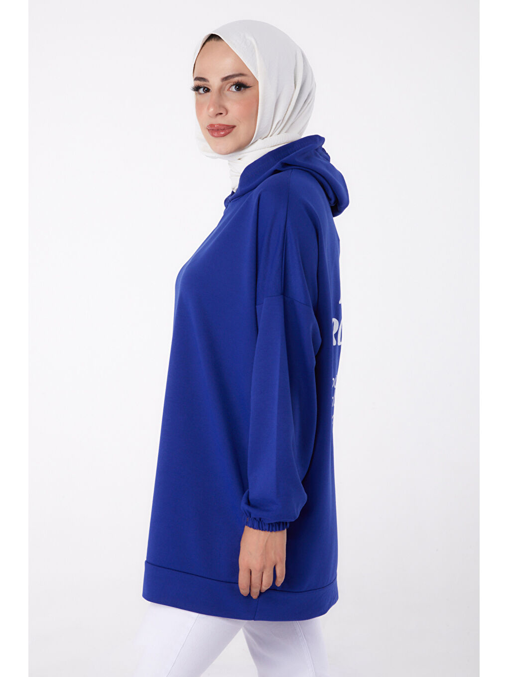 TOFİSA Mavi Düz Kapüşonlu Yaka Kadın Saks Arkası Baskılı Sweatshirt   13327 - 3