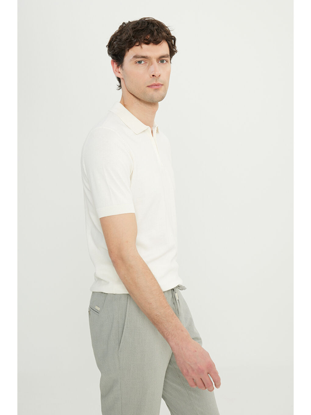 Erkek Ekru %100 Pamuk Standart Fit Normal Kesim Polo Yaka Triko Tişört-2