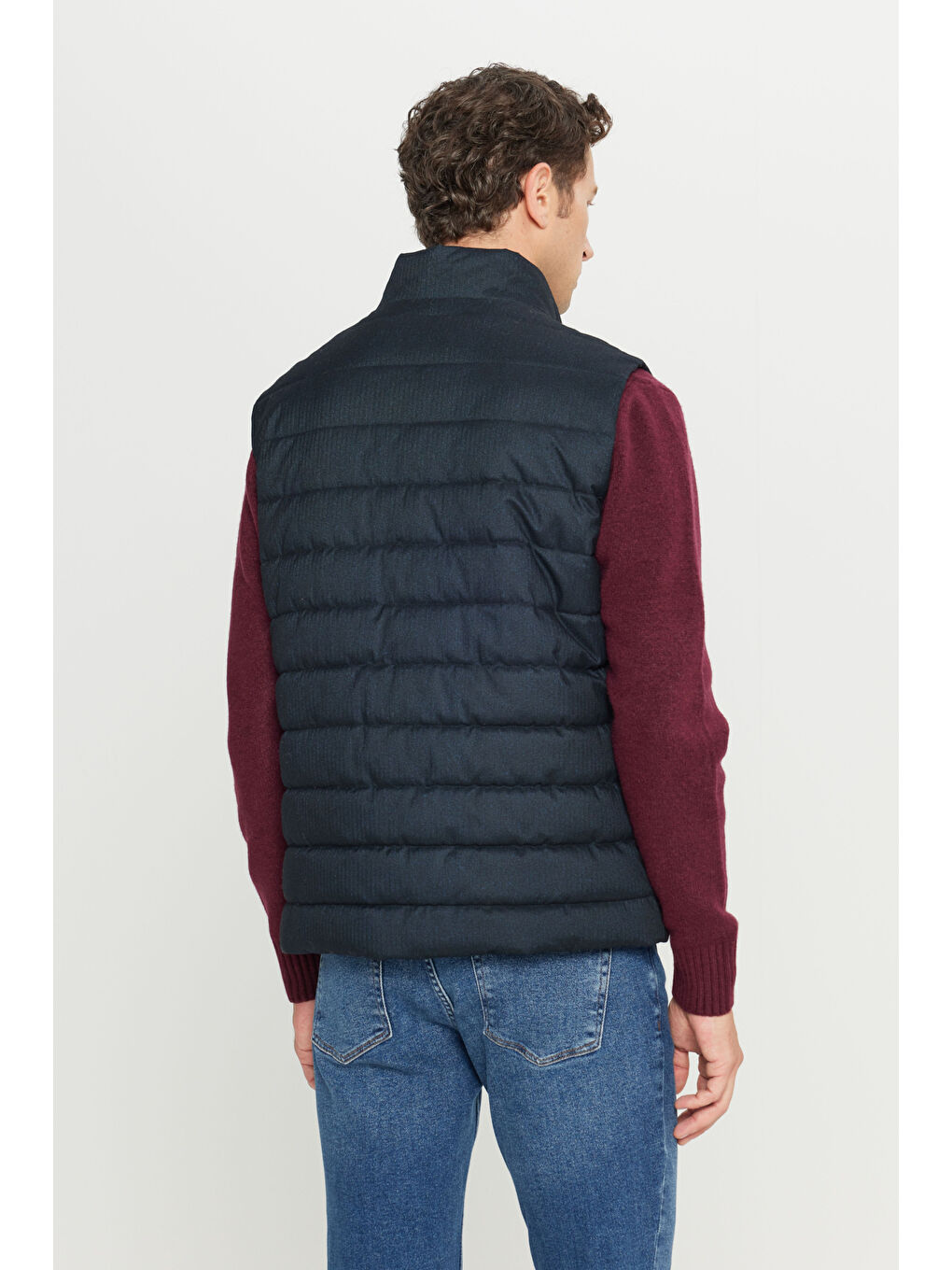 Erkek Lacivert Standart Fit Normal Kesim Dik Yaka Yan Cepli Çizgili Casual Yelek-4