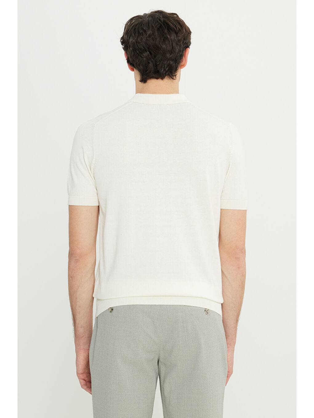 Erkek Ekru %100 Pamuk Standart Fit Normal Kesim Polo Yaka Triko Tişört-4