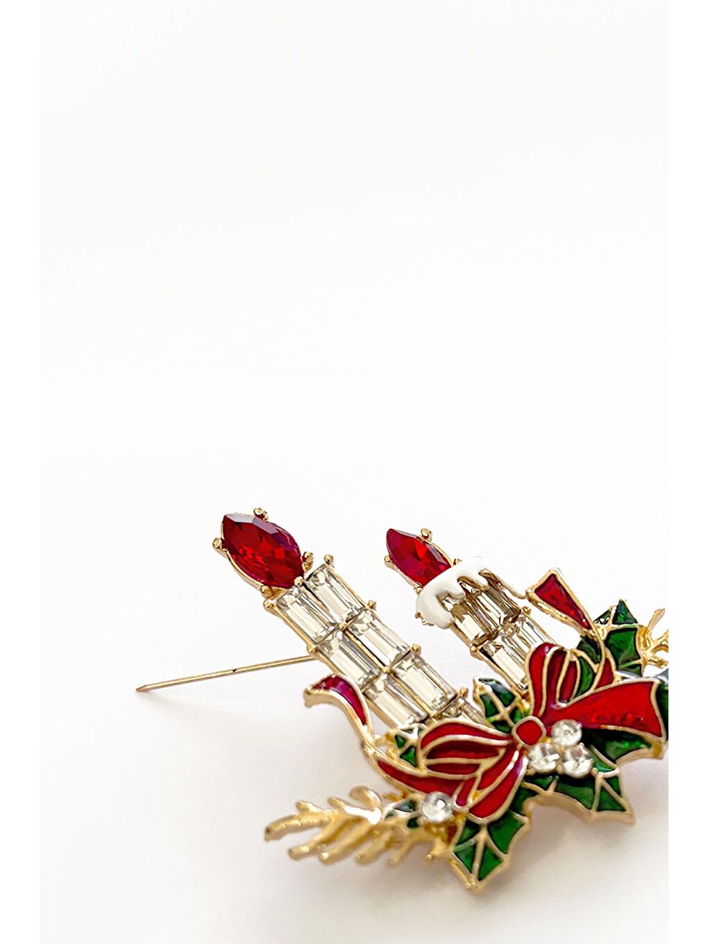 Kırmızı Yılbaşı Detaylı Mumlar Taşlı Yaka İğnesi Broş-2