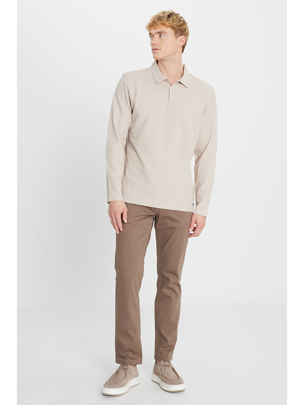 Erkek Bej %100 Pamuk Slim Fit Dar Kesim Polo Yaka Jakarlı Tişört-1