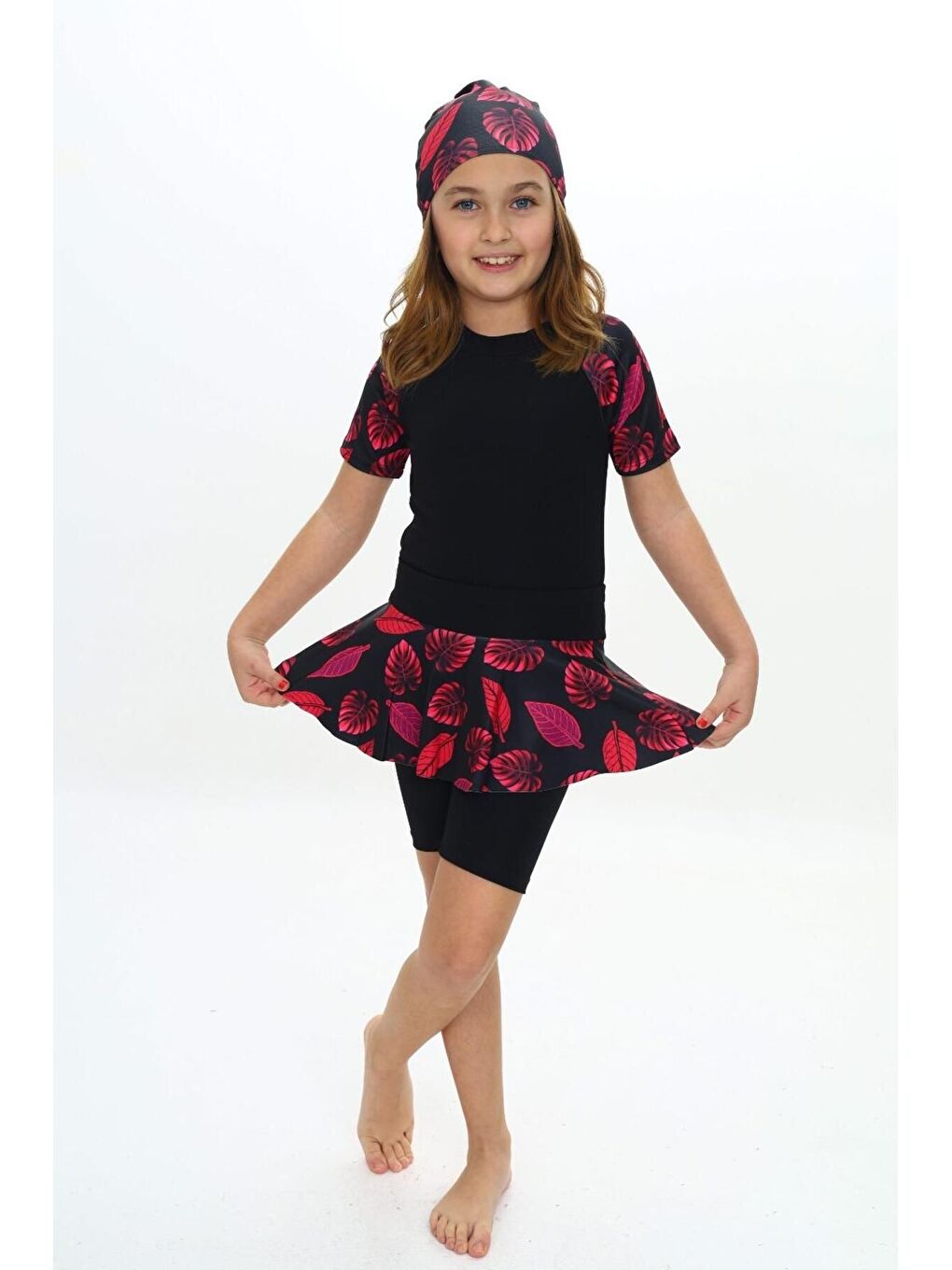 Siyah Elastanlı Dalgıç Kumaş Üç Parça Kız çocuk Mayo