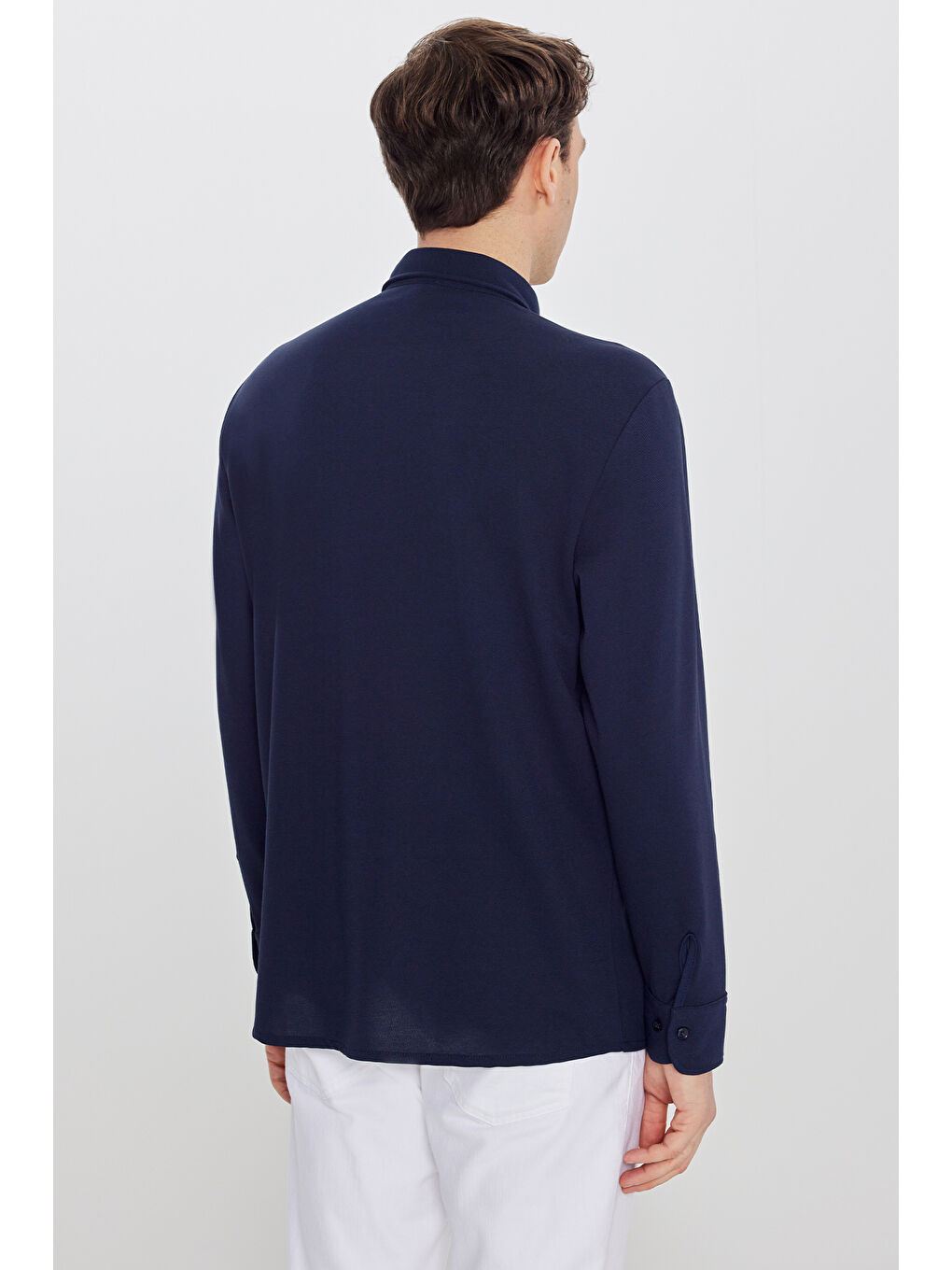 Erkek Lacivert Pamuklu Tailored Slim Fit Dar Kesim Düğmeli Yaka Örme Gömlek-4